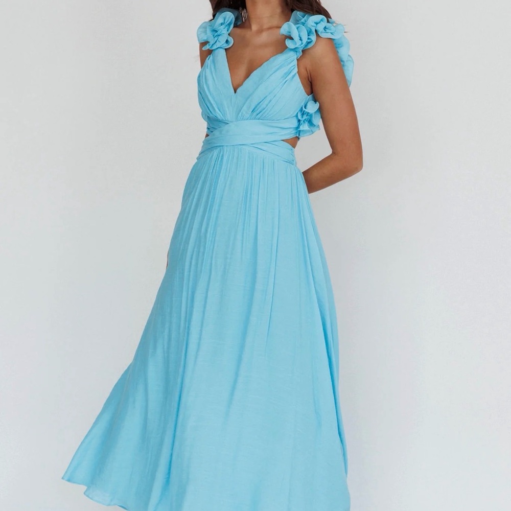 Selfie Leslie Light Blue Maxi Dress with Floral Shoulder Straps